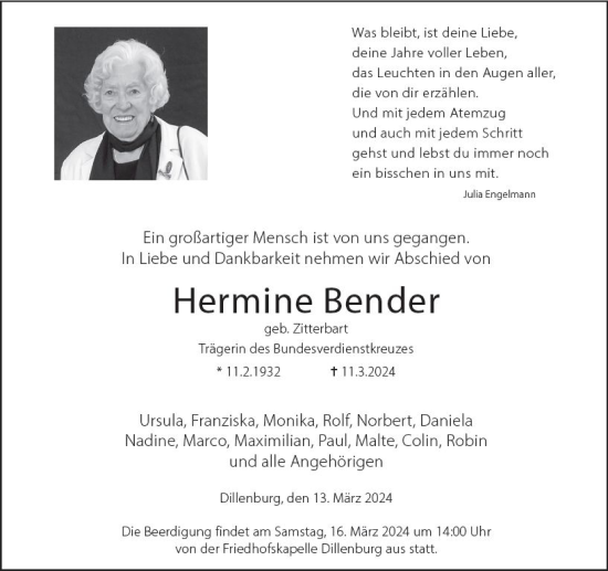 Traueranzeige von Hermine Bender von Dill Block