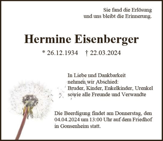 Traueranzeige von Hermine Eisenberger von Allgemeine Zeitung Mainz