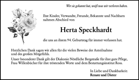 Traueranzeige von Herta Speckhardt von Darmstädter Echo