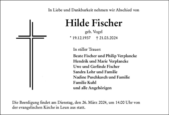 Traueranzeige von Hilde Fischer von Wetzlarer Neue Zeitung