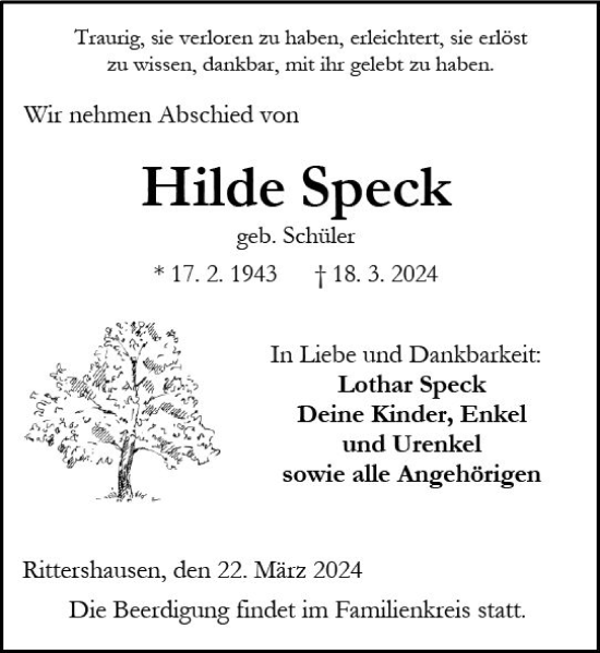 Traueranzeige von Hilde Speck von Dill Block