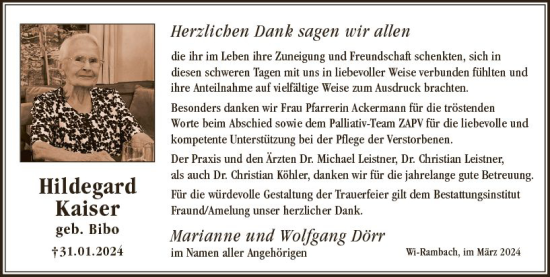 Traueranzeige von Hildegard Kaiser von Wiesbadener Kurier