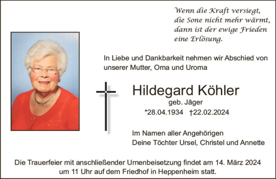 Traueranzeige von Hildegard Köhler von Starkenburger Echo