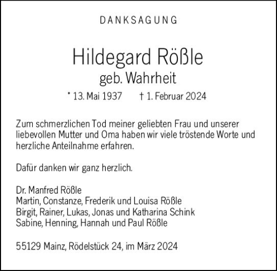 Traueranzeige von Hildegard Rößle von Allgemeine Zeitung Mainz