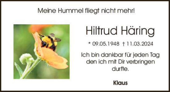 Traueranzeige von Hiltrud Häring von Odenwälder Echo