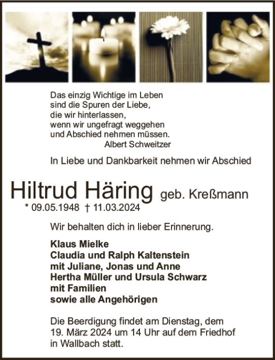 Traueranzeige von Hiltrud Häring von Odenwälder Echo