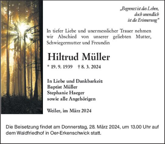 Traueranzeige von Hiltrud Müller von Allgemeine Zeitung Bingen/Ingelheim