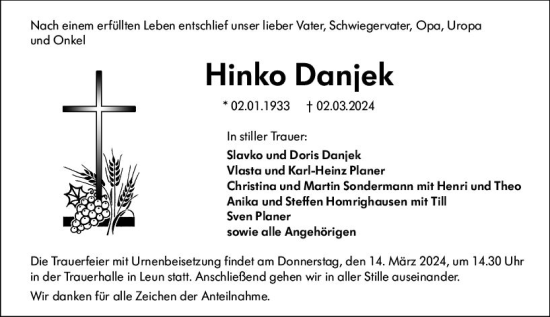 Traueranzeige von Hinko Danjek von Wetzlarer Neue Zeitung