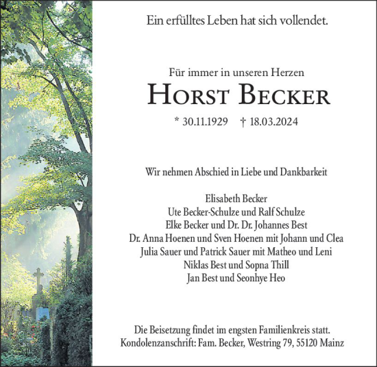 Traueranzeige von Horst Becker von Allgemeine Zeitung Mainz