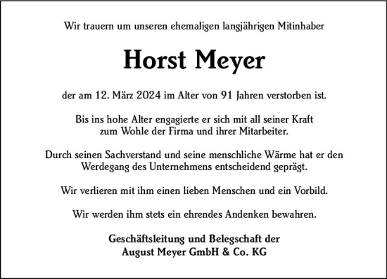 Traueranzeige von Horst Meyer von Dill Block