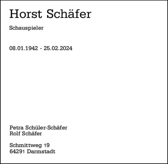 Traueranzeige von Horst Schäfer von Darmstädter Echo