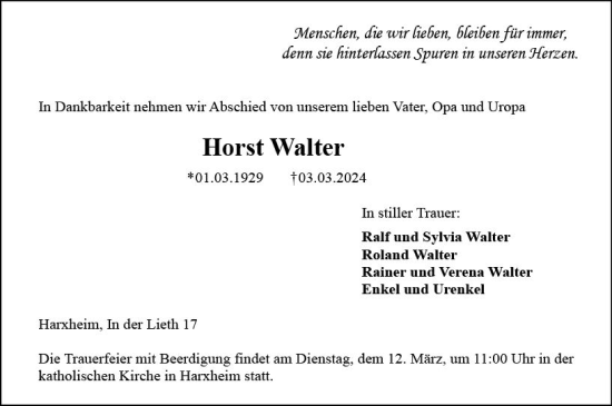 Traueranzeige von Horst Walter von Allgemeine Zeitung Mainz