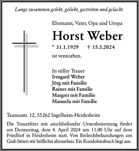 Traueranzeige von Horst Weber von Allgemeine Zeitung Bingen/Ingelheim