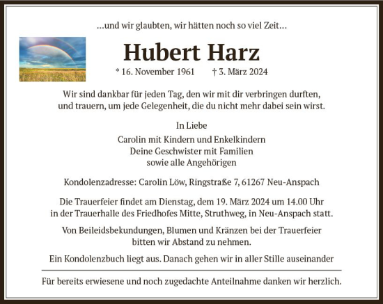 Traueranzeige von Hubert Harz von Camberger Anzeiger