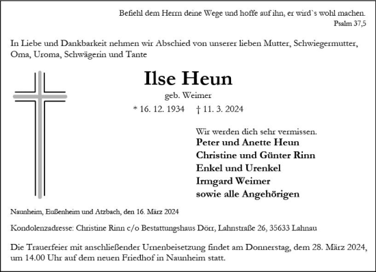 Traueranzeige von Ilse Heun von Wetzlarer Neue Zeitung