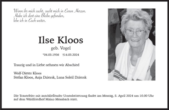Traueranzeige von Ilse Kloos von Allgemeine Zeitung Mainz