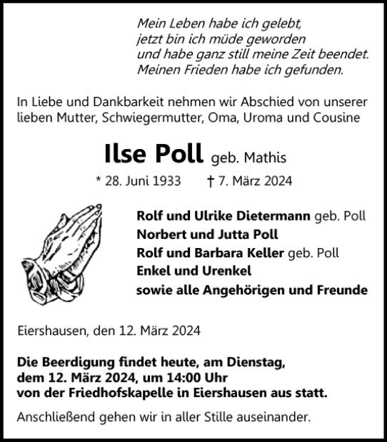 Traueranzeige von Ilse Poll von Dill Block