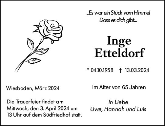 Traueranzeige von Inge Etteldorf von Wiesbadener Kurier