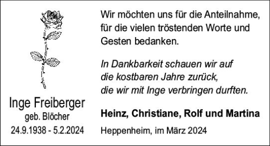Traueranzeige von Inge Freiberger von Starkenburger Echo