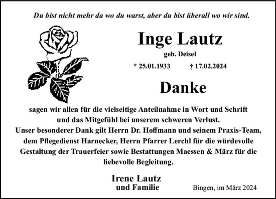 Traueranzeige von Inge Lautz von Allgemeine Zeitung Bingen/Ingelheim