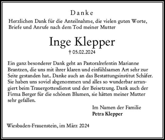 Traueranzeige von Ingeborg Klepper von Wiesbadener Kurier