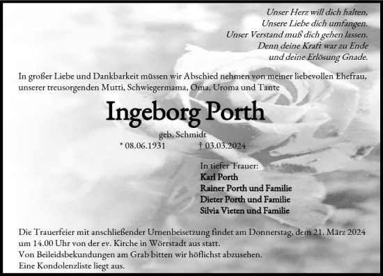 Traueranzeige von Ingeborg Porth von Allgemeine Zeitung Alzey