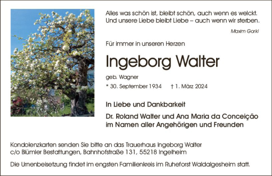 Traueranzeige von Ingeborg Walter von Allgemeine Zeitung Bingen/Ingelheim