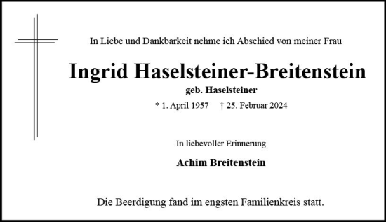 Traueranzeige von Ingrid Haselsteiner-Breitenstein von Allgemeine Zeitung Mainz