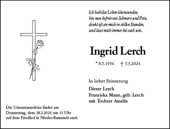Traueranzeige von Ingrid Lerch von Darmstädter Echo