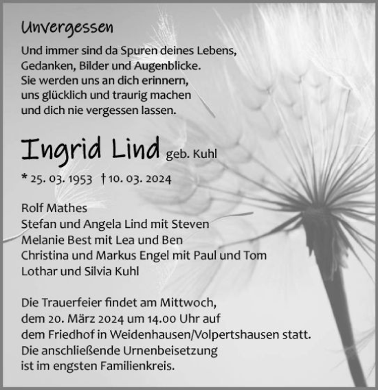 Traueranzeige von Ingrid Lind von Wetzlarer Neue Zeitung