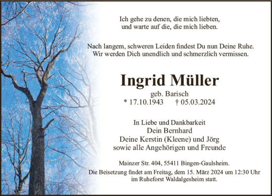Traueranzeige von Ingrid Müller von Allgemeine Zeitung Bingen/Ingelheim