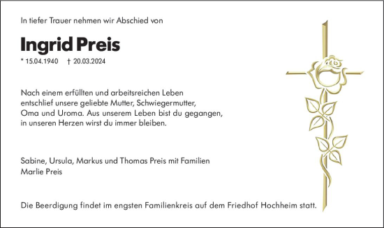 Traueranzeige von Ingrid Preis von Hochheimer Zeitung