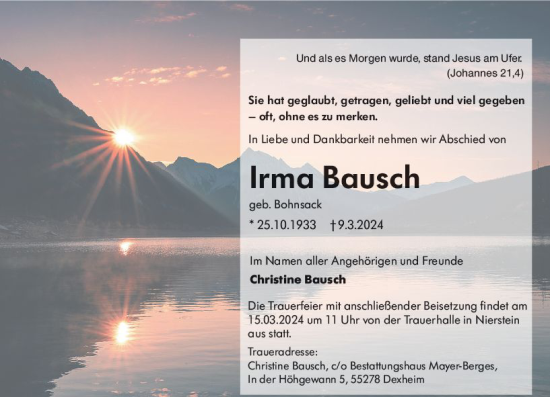 Traueranzeige von Irma Bausch von Allgemeine Zeitung Mainz
