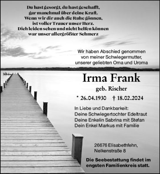 Traueranzeige von Irma Frank von Odenwälder Echo