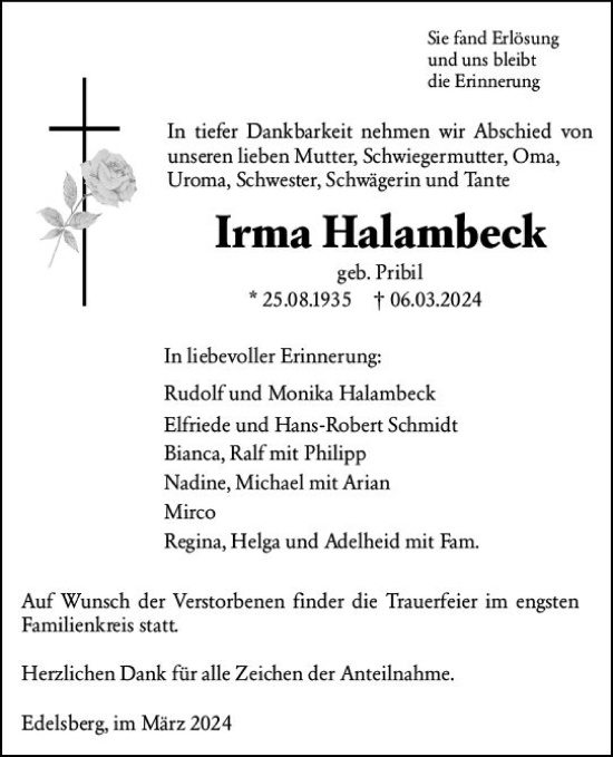 Traueranzeige von Irma Halambeck von Weilburger Tageblatt