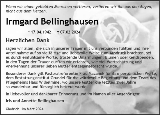 Traueranzeige von Irmgard Bellinghausen von Rheingau Kurier