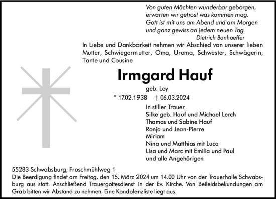 Traueranzeige von Irmgard Hauf von Allgemeine Zeitung Mainz