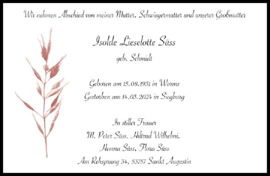 Traueranzeige von Isolde Lieselotte Süss von Wormser Zeitung