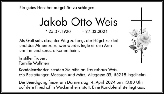 Traueranzeige von Jakob Otto Weis von Allgemeine Zeitung Bingen/Ingelheim