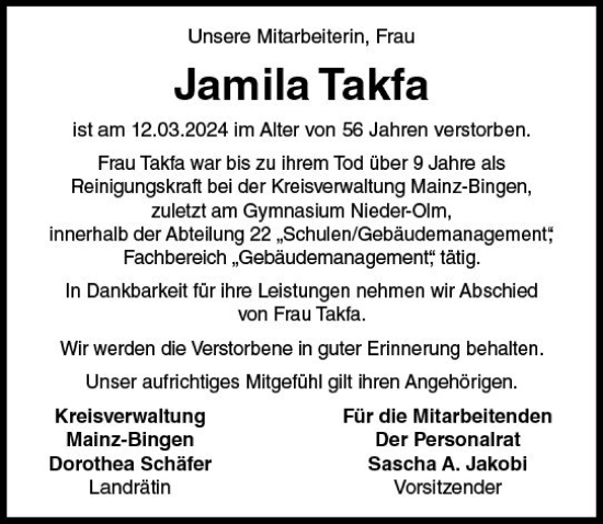 Traueranzeige von Jamila Takfa von Allgemeine Zeitung Alzey