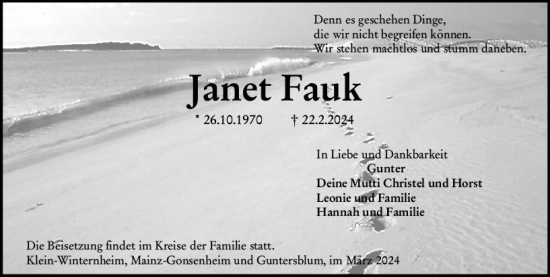 Traueranzeige von Janet Fauk von Allgemeine Zeitung Mainz
