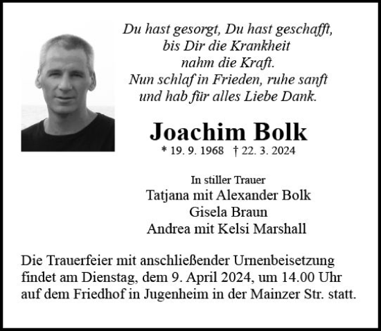 Traueranzeige von Joachim Bolk von Allgemeine Zeitung Mainz