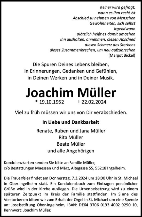 Traueranzeige von Joachim Müller von Allgemeine Zeitung Bingen/Ingelheim