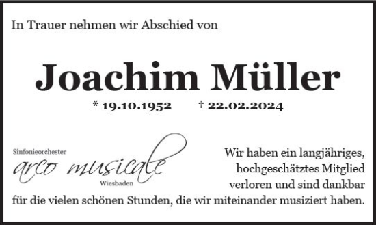 Traueranzeige von Joachim Müller von Allgemeine Zeitung Bingen/Ingelheim