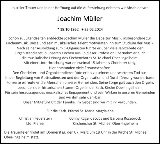 Traueranzeige von Joachim Müller von Allgemeine Zeitung Bingen/Ingelheim