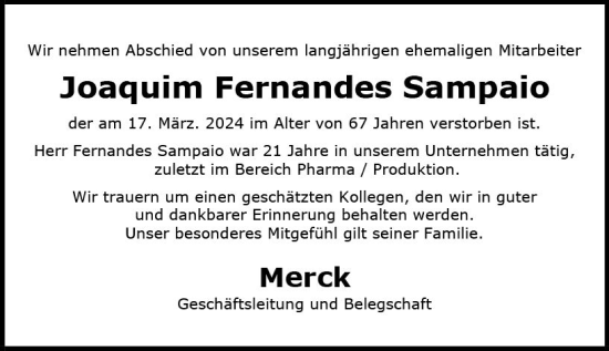 Traueranzeige von Joaquim Fernandes Sampaio von Darmstädter Echo