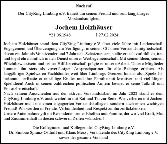 Traueranzeige von Jochem Holzhäuser von Nassauische Neue Presse