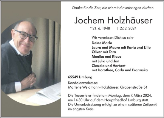 Traueranzeige von Jochem Holzhäuser von Nassauische Neue Presse