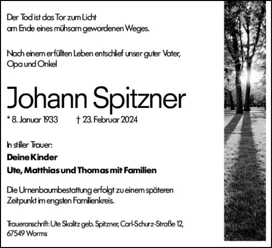 Traueranzeige von Johann Spitzner von Wormser Zeitung