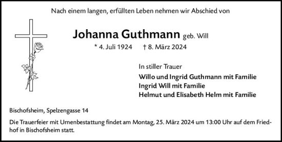 Traueranzeige von Johanna Guthmann von Rüsselsheimer Echo